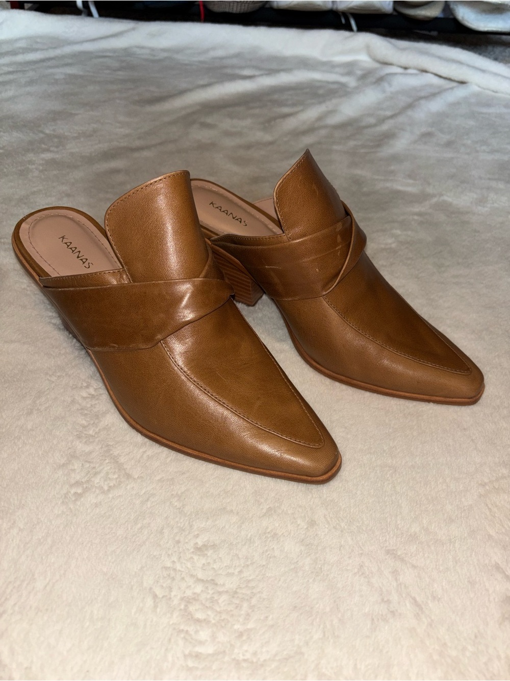 KAANAS Meridiana Leather Mules Women’s 9M Toffee Brown Pointed Toe Block Heel
